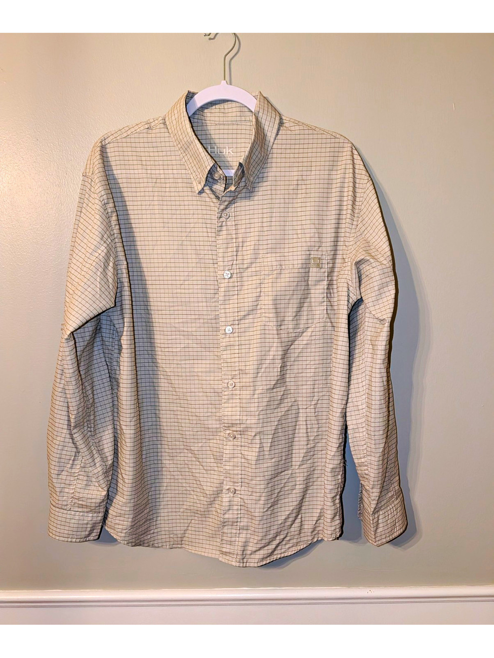 Huk Mens Long Sleeve Button Down Shirt Beige Check Button Front Pocket Size L